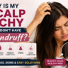 Woman with itchy scalp without dandruff showing common causes and solutions.