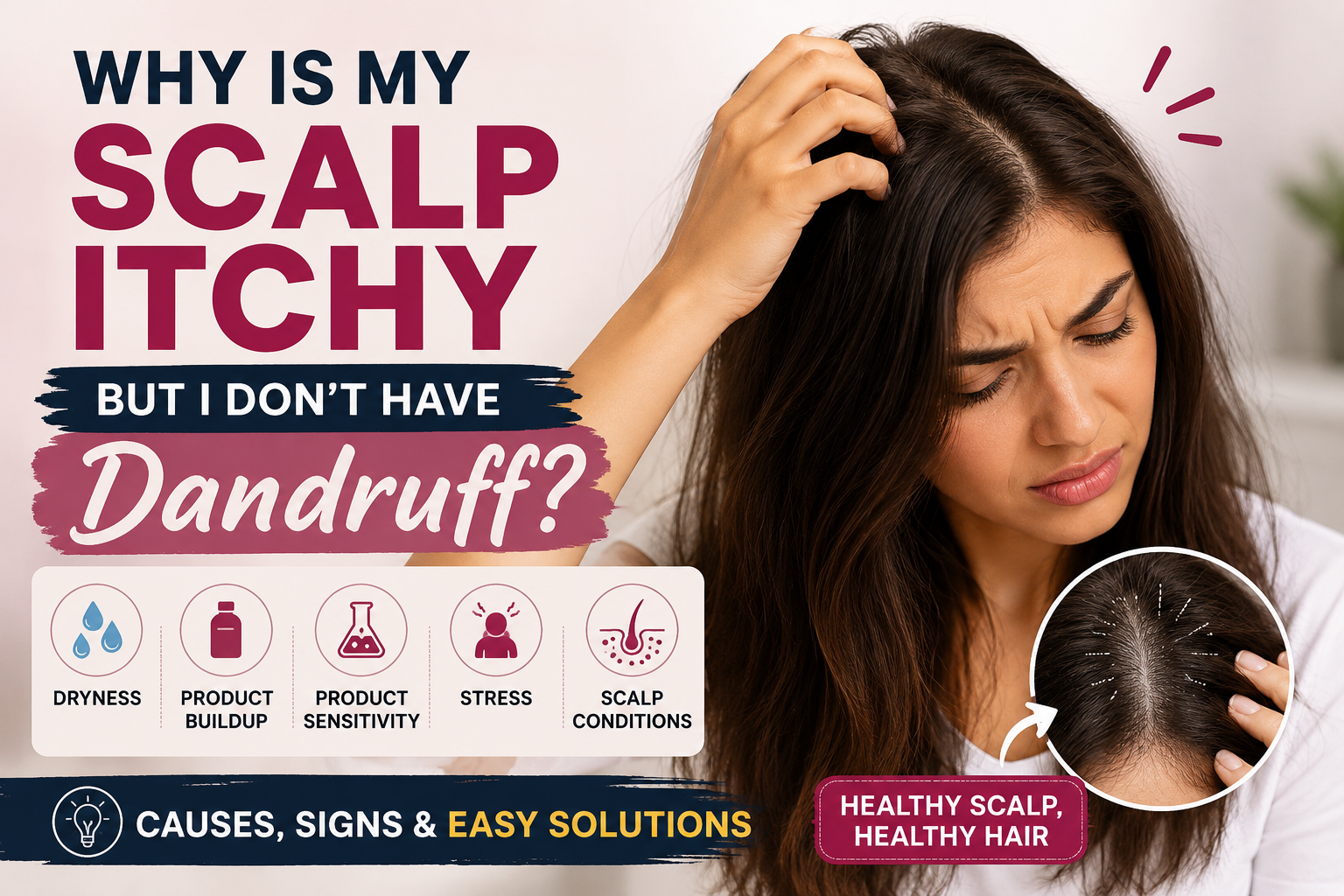Woman with itchy scalp without dandruff showing common causes and solutions.